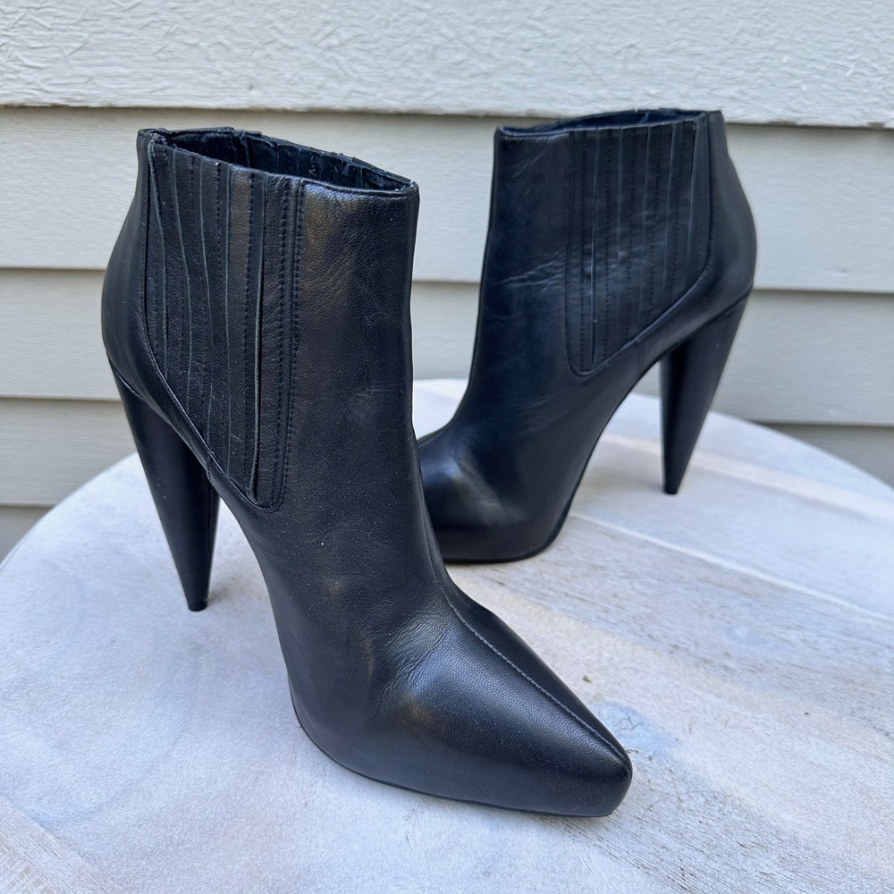 Jeffrey Campbell Black Leather Pointed Toe Cone Heel Ankle Boots Womens 8 - Picture 10 of 15